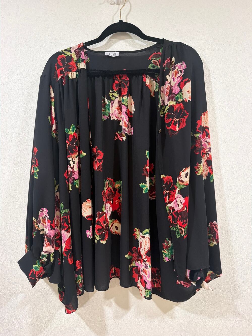 Women's Kimono Cardigan Black Floral Print Viscose Whimsigoth Boho